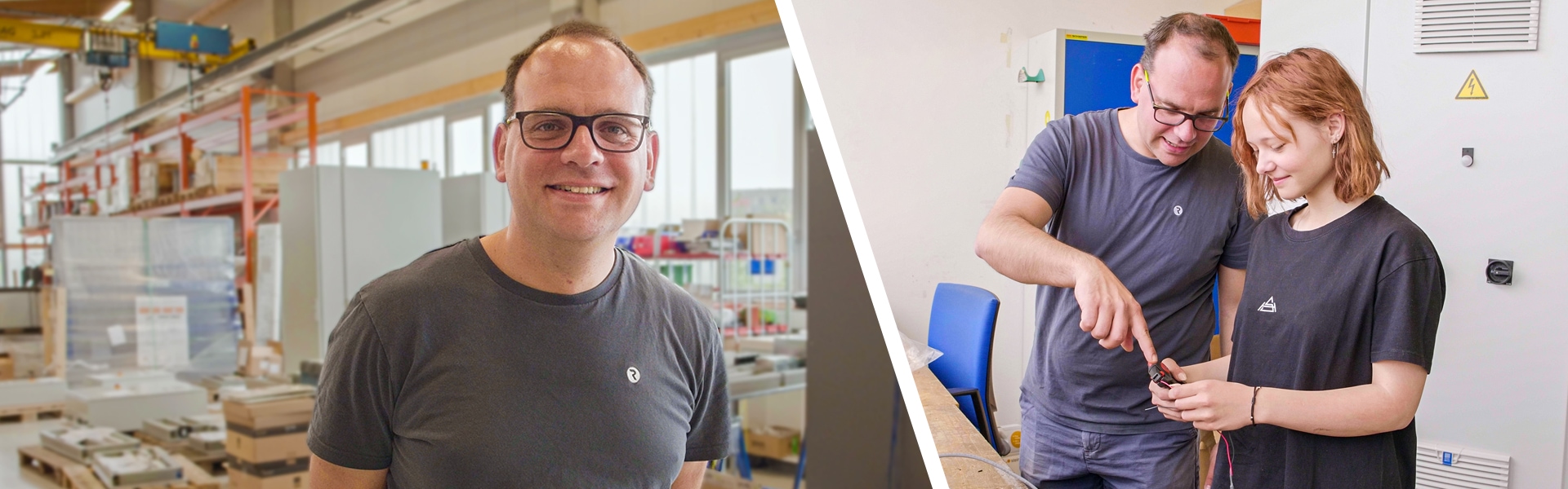 Der neue Ausbildungsleiter der Elektroniker*innen für Betriebstechnik Manuel Schuler (links) / Manuel Schuler mit der zukünftigen Azubine Lili (rechts).