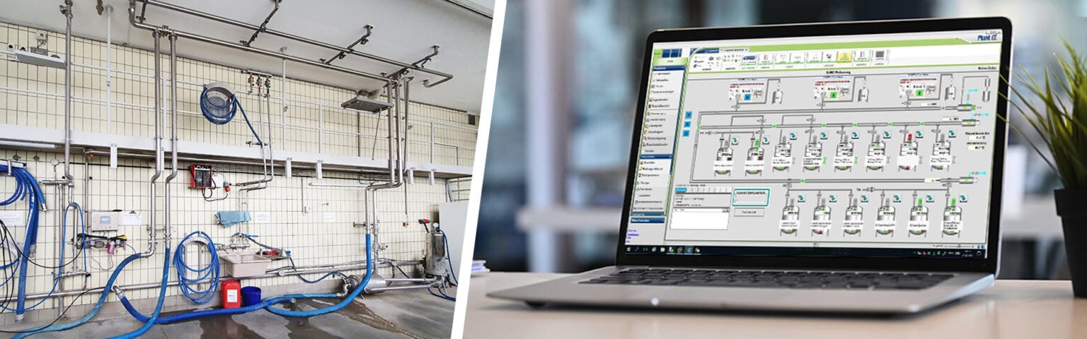 Installation eines neuen Prozessleitsystems. Einmal bei der Planung und einmal Fertiggestellt zu sehen.