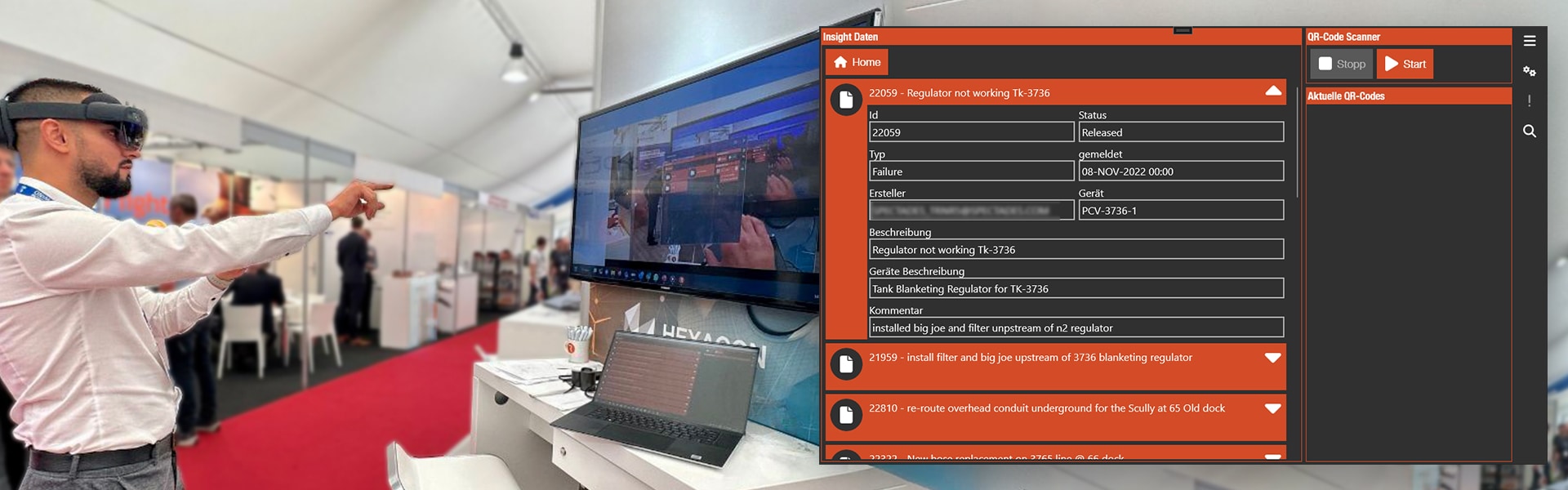 Messebesucher probiert die HoloLens aus. Daneben: Ansicht der Benutzeroberfläche