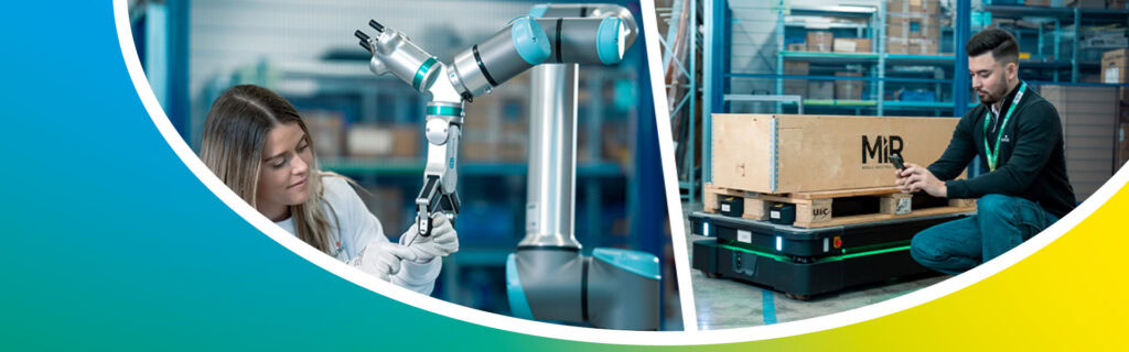 Junge Frau arbeitet an einem Cobot Arm, junger Mann kontrolliert einen AMR von Mobile Industrial Robots