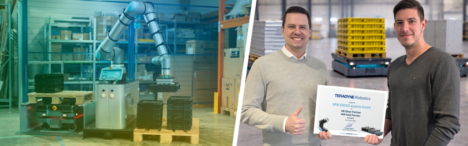 Robotikexperten präsentieren das MiR und UR Partnerzertifikat vor einer kombinierten Robotikanwendung