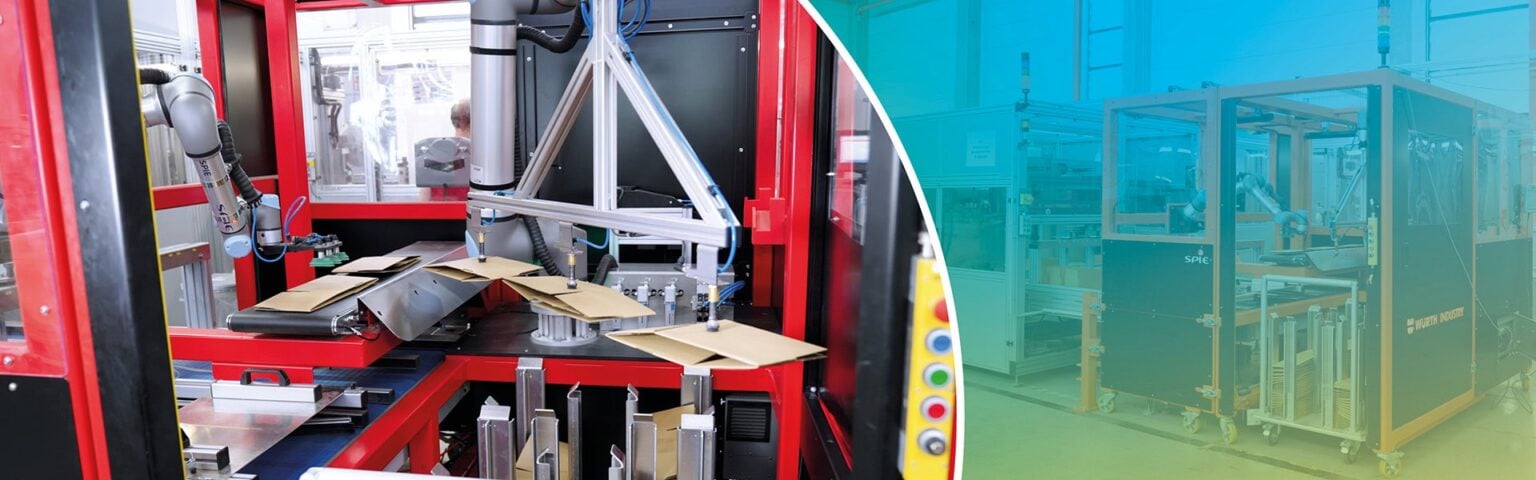 Automatisierte Verpackungsanlage mit Roboterarmen und Förderbändern zur Verarbeitung von Kartonagen. Rechts eine weitere Industrieanlage mit farbigem Verlauf.