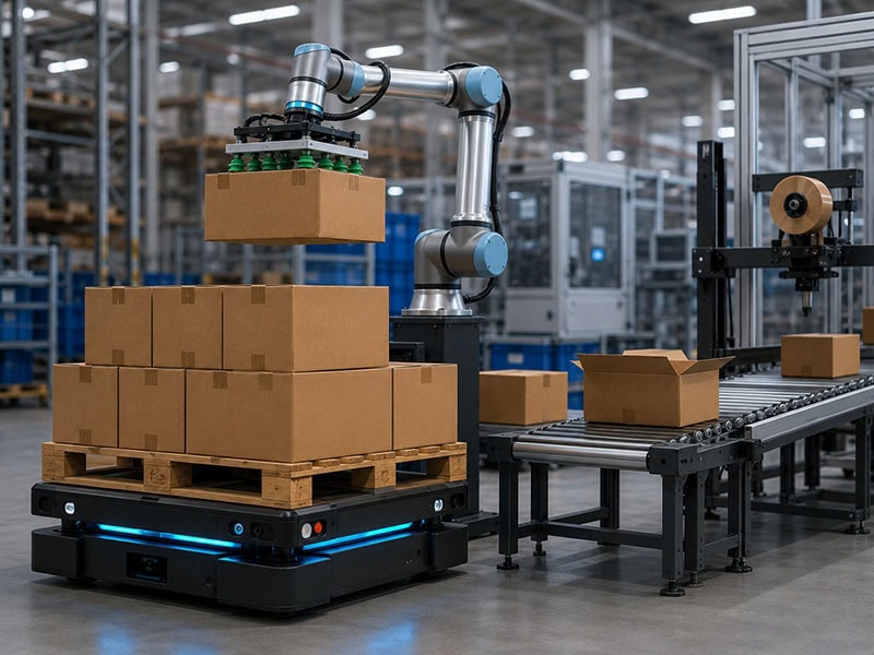 Roboterzelle für Palettierung und automatisierten Transport